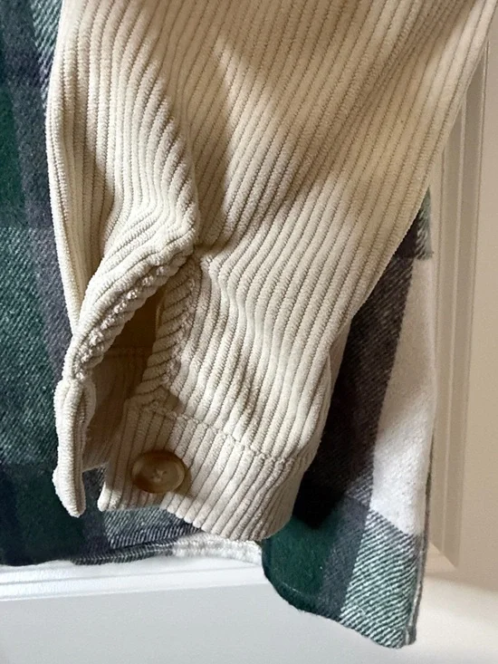 SHEIN Green, Cream and Gray Plaid Corduroy-Sleeve Button-Down Shacket - Picture 2 of 7